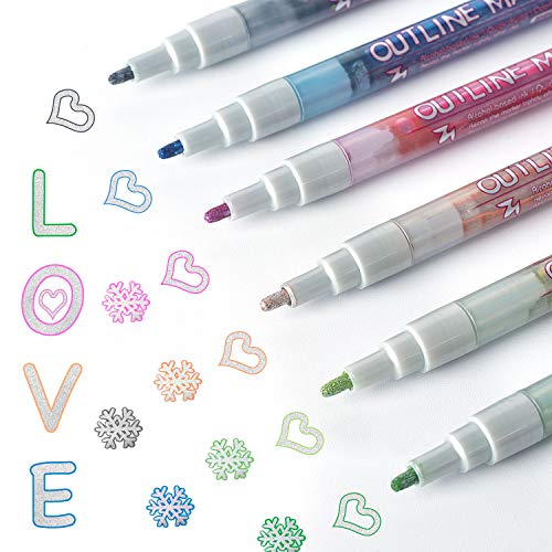 Rotuladores, ANYUKE 6 Bolígrafos Colores Plata Metalizada, Bolígrafo Permanente de dos Líneas y Doble Línea para Manualidades de Pascua, Tarjeta de Cumpleaños, Tarjeta de Boda