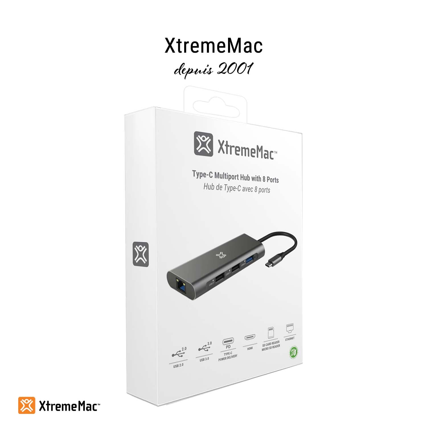 XTREMEMAC Hub USB-C â€“ 8 Ports â€“ USB-C PD, USB-A 3.0, HDMI 4K, SD/Micro, Ethernet RJ45 â€“ Silver
