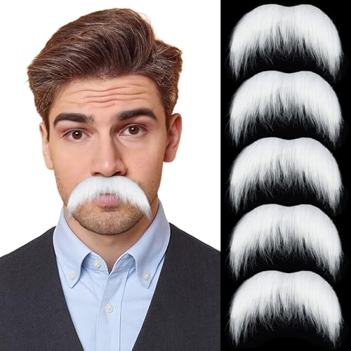 Yan Dream 5pcs/Pack White Fake Mustache for Men Classic Halloween Self Adhesive Fake Beard Novelty Stick On Fake Mustaches