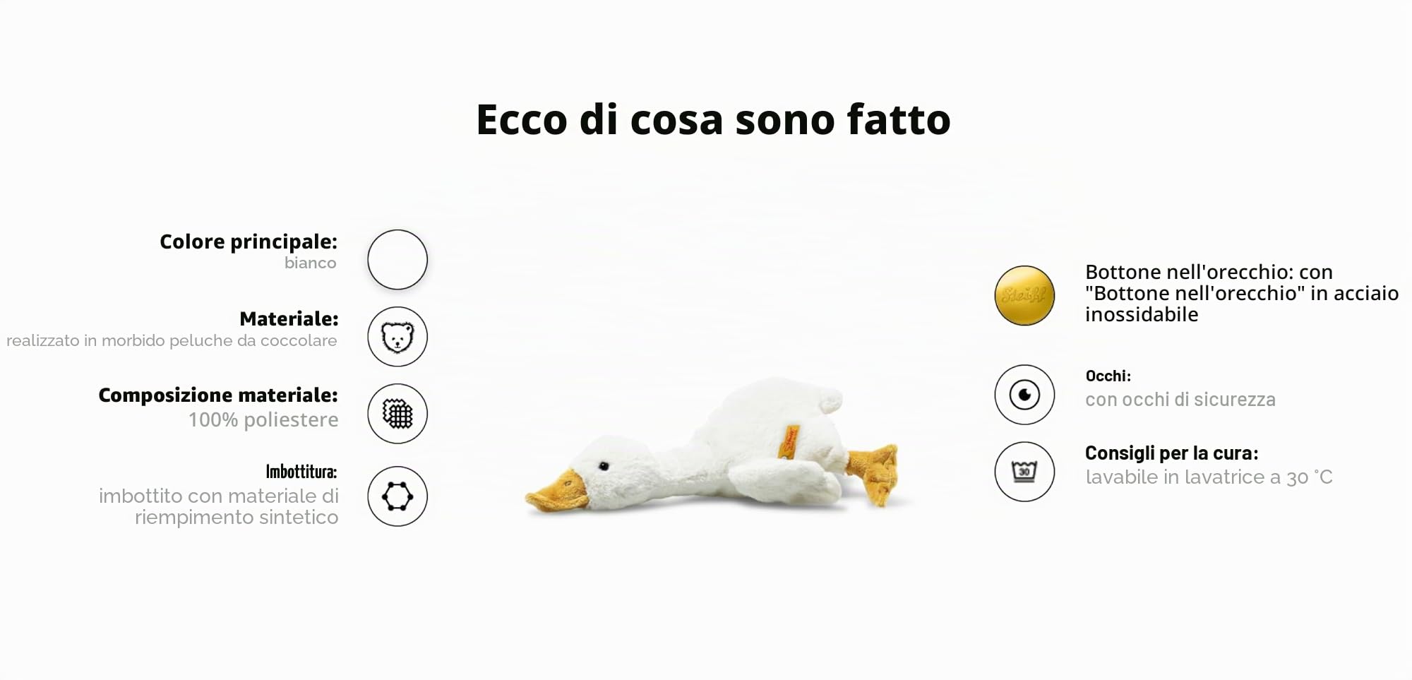 Steiff Gilda Oca bianca 26 cm, Soft Cuddly Friends, peluche per giocare e coccole, in morbido peluche per la pelle delicata dei bambini, lavabile in lavatrice