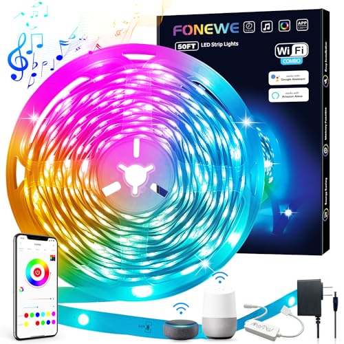 FONEWE Smart WiFi LED Lights for Bedroom 50FT Music Sync LED Lights Work with Alexa and Google Assistant RGB Color Changing LED Strip Lights Led Light Strip with APP Control