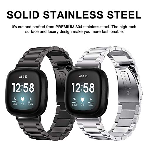 Koreda Compatible With Fitbit Versa 3/Fitbit Sense Bands Sets For Women Men, Solid Stainless Steel Metal Replacement Bracelet Wristband Strap For Fitbit Sense & Versa 3 Smartwatch (Black+Silver) #TOP1