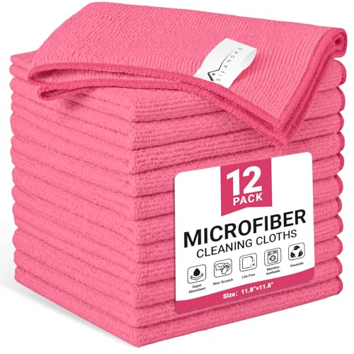 Image of SIFANGKE Microfiber Cleaning Cloth, 12 Pack HotPink Cleaning Rags for Housekeeping, Reusable Microfiber Towels for Car, Kitchen, Bathroom and Household Cleaning Supplies, 11.8 inchX11.8 inch