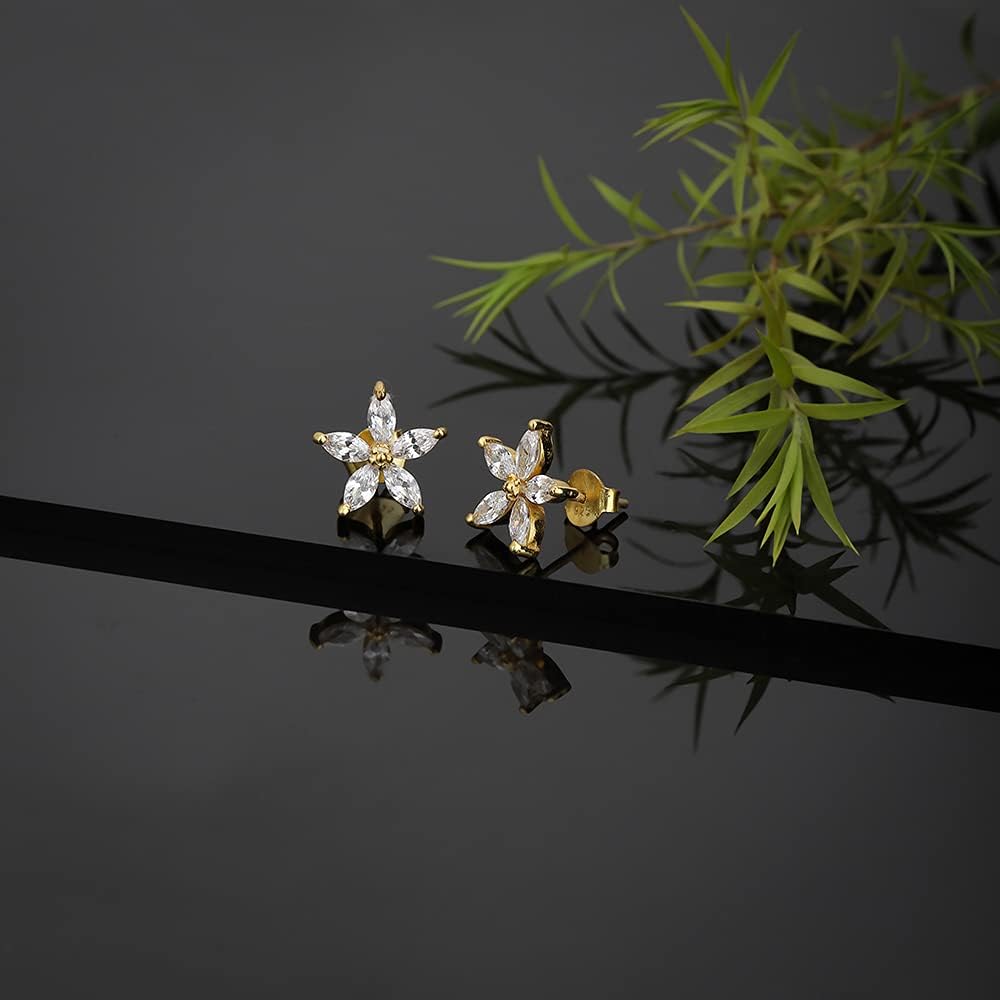 Vanbelle Sterling Silver Jewelry with 925 Stamp - Flower Stud Earring with Cubic Zirconia Stones and Yellow Gold Plated for Women