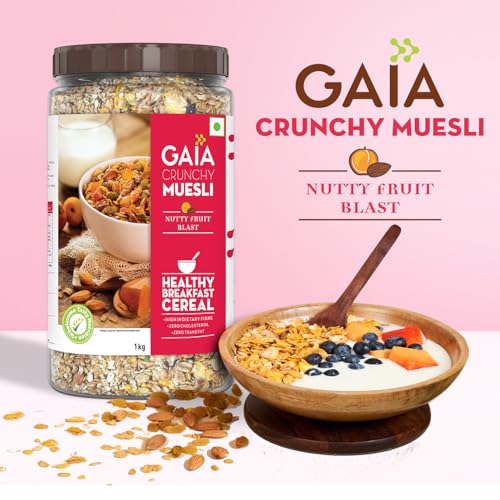 Image of GAIA Nutty Fruit Blast Crunchy Muesli 1 kg jar - Blend of Multigrains, Nuts, Oats and Cornflakes The Ultimate Healthy and Delicious Breakfast Cereals.