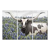 WELMECO Large Farmhouse Texas Longhorn Cow in Bluebonnet Flowers Painting Canvas Prints Wall Art Dec