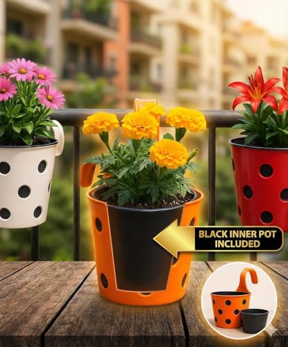 Image of Premium Polka Dot Hook Planter with Inner Pot | Sturdy Plastic Hanging Pots for Balcony Railings | Indoor & Outdoor Gardening (5 Pot, Multicolour)