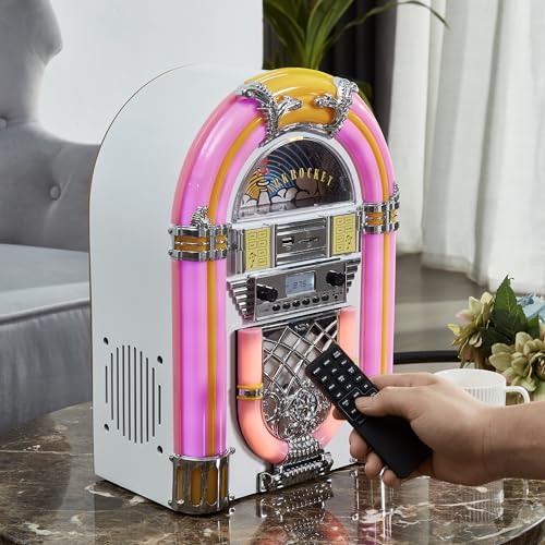 Arkrocket Athena Mini Jukebox/Tabletop CD Player/Bluetooth Speaker/Radio/USB and SD Card Player with Retro LED Lighting System (Pink White)