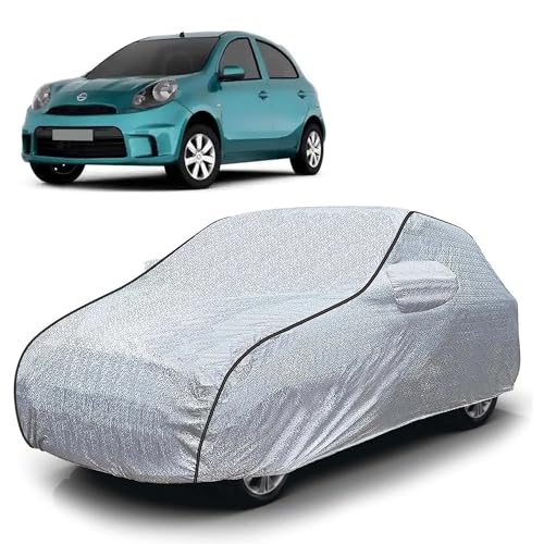 Image of Sulfar 100% Waterproof Car Body Cover Compatible with Mirror for Nissan Micra Active (Triple Stitched, Full Bottom Elastic, Magic Silver with Black Piping)