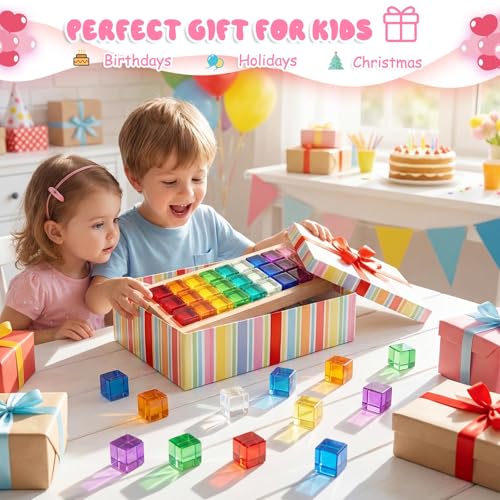 Image of Meooeck 30 Pcs Colored Cube Gem Blocks with Wooden Storage Box, Translucent Rainbow Acrylic Building Stacking Sensory Train Prism Toys for Toddler Kids Montessori School Classroom Supplies