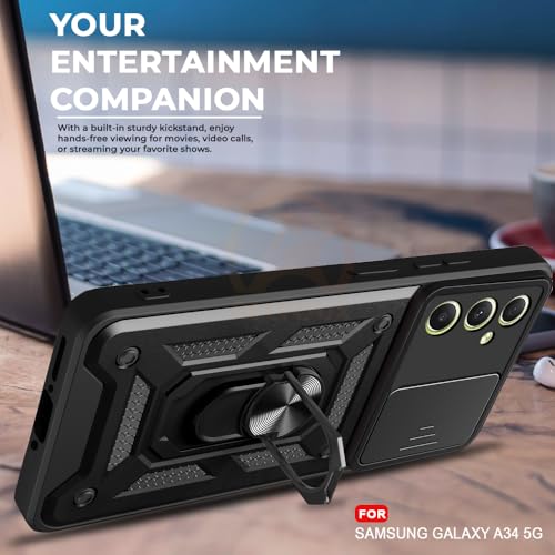 Image of Armor Bumper Back Cover Case for Samsung A34 5G Rotating Camera Cover, Ring Holder & Kickstand | Heavy Duty & 360 Degree Protection Samsung A34 5G Back Cover (Black)
