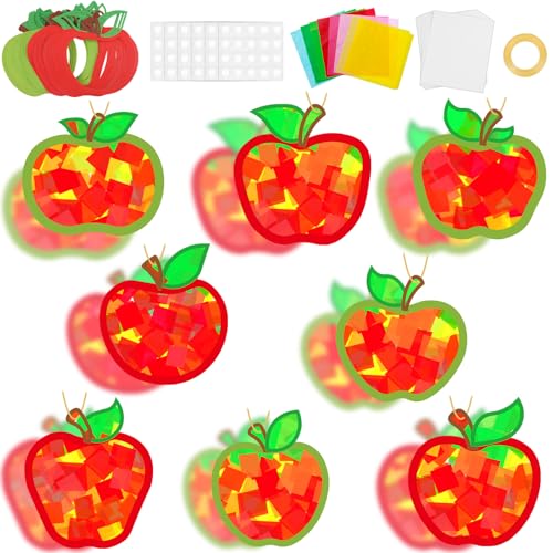 32 Sets Back to School Apple Suncatchers Craft Kit DIY Window Stained Glass Effect Colorful Apples Paper Crafts for Home School Classroom Decor Kid Birthday Gifts Creative Art Projects Activity Game