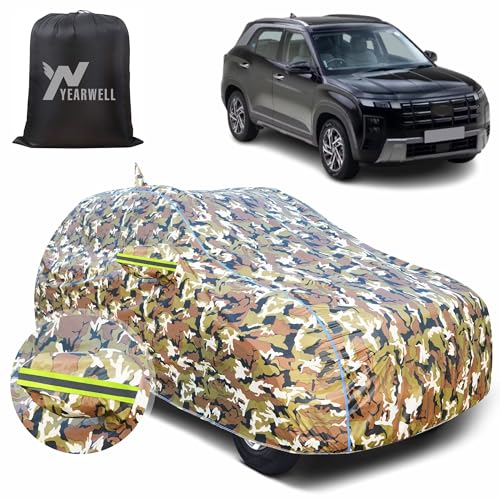 Image of Car Body Cover for Hyundai Creta, 100% Waterproof with Mirror & Antenna Pockets, Military Print Design, UV & Dust Protection, Triple Stitched, Sky Piping & Reflector (Jungle Print)