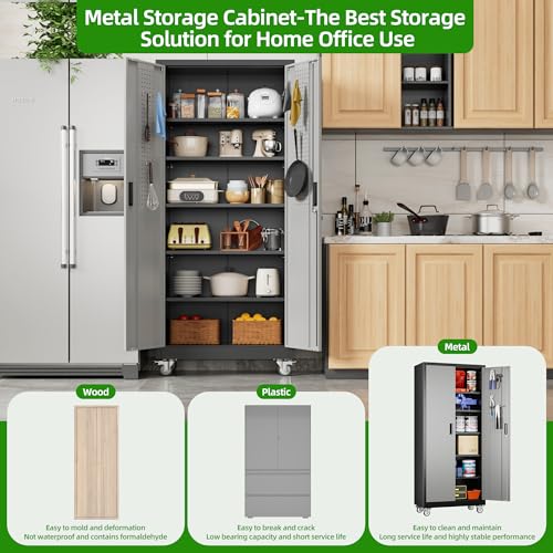 Image of Aobabo Upgraded Garage Storage Cabinets with Wheels,Metal Storage Cabinets with 5 Adjustable Shelves for Garage Home Office Storage, Black&Dark Grey,71''H*32''W*16''D,Assembly Required