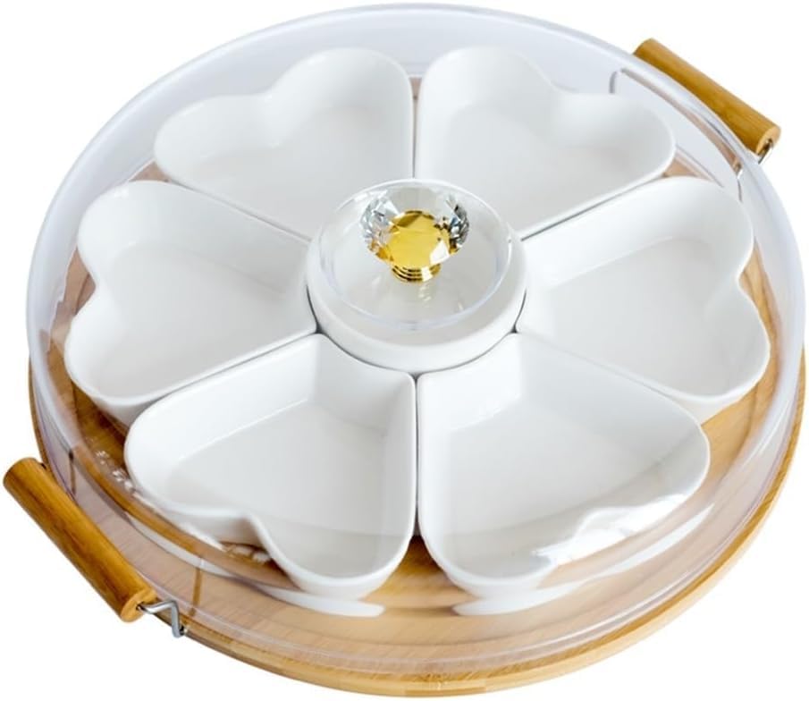 Taca do serwowania z pokrywką, obracana o 360° porcelanowa przekąska, podzielone naczynia, wszechstronne miski na przekąski na frytki, dipy i warzywa, 35,5 x 30 cm