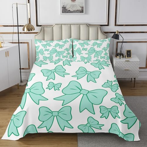 jejeloiu Aesthetic Bow Bedspread King Size Girls Kawaii Bownkot Coquette Coverlet Set Teens Girly Design Quilted Coverlet Breathable Soft Lightweight Light Teal Room Decor