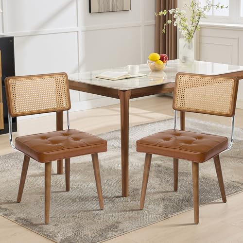 GarveeHome Natural Rattan Dining Chairs Set of 2, PU Upholstered Kitchen Chairs with Tall Cane Backrest and Strong Wood Legs for Dining Room, Kitchen,