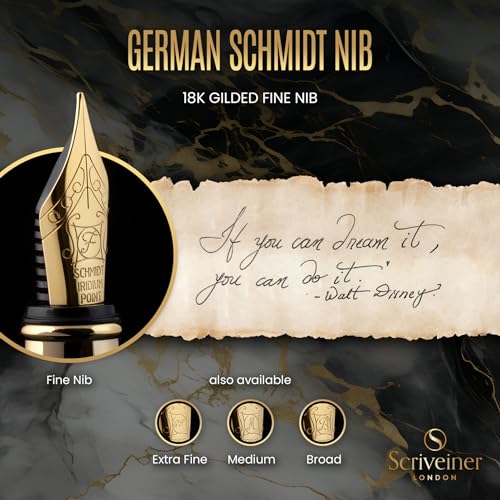 Scriveiner Luxury Fountain Pen - Stunning Black Lacquer Pen, Real Gold Plating, Schmidt Gilded Nib (Fine), Bundle with Fountain Pen Ink Cartridges - Black & Blue - 20 Standard International