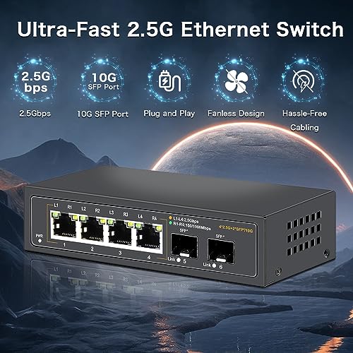 Image of 2.5G Unmanaged Ethernet Switch with 4 x 2.5G Base-T Ports and 2 x 10G SFP+ Uplink Ports, Compatible with 100 /1000 /2500Mbps, Fanlesss Design, Plug & Play, Metal 2.5Gb Network Switch