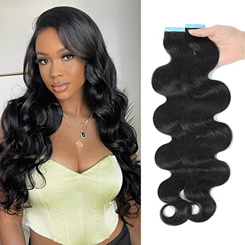 Hua 22 Inch Tape Ins For Black Women Human Hair 40Pcs Body Wave Tape In Hair Extensions Human Hair Black Women Reusable Tape Ins Pu Skin Weft Extensions 100% Human Hair #TOP4