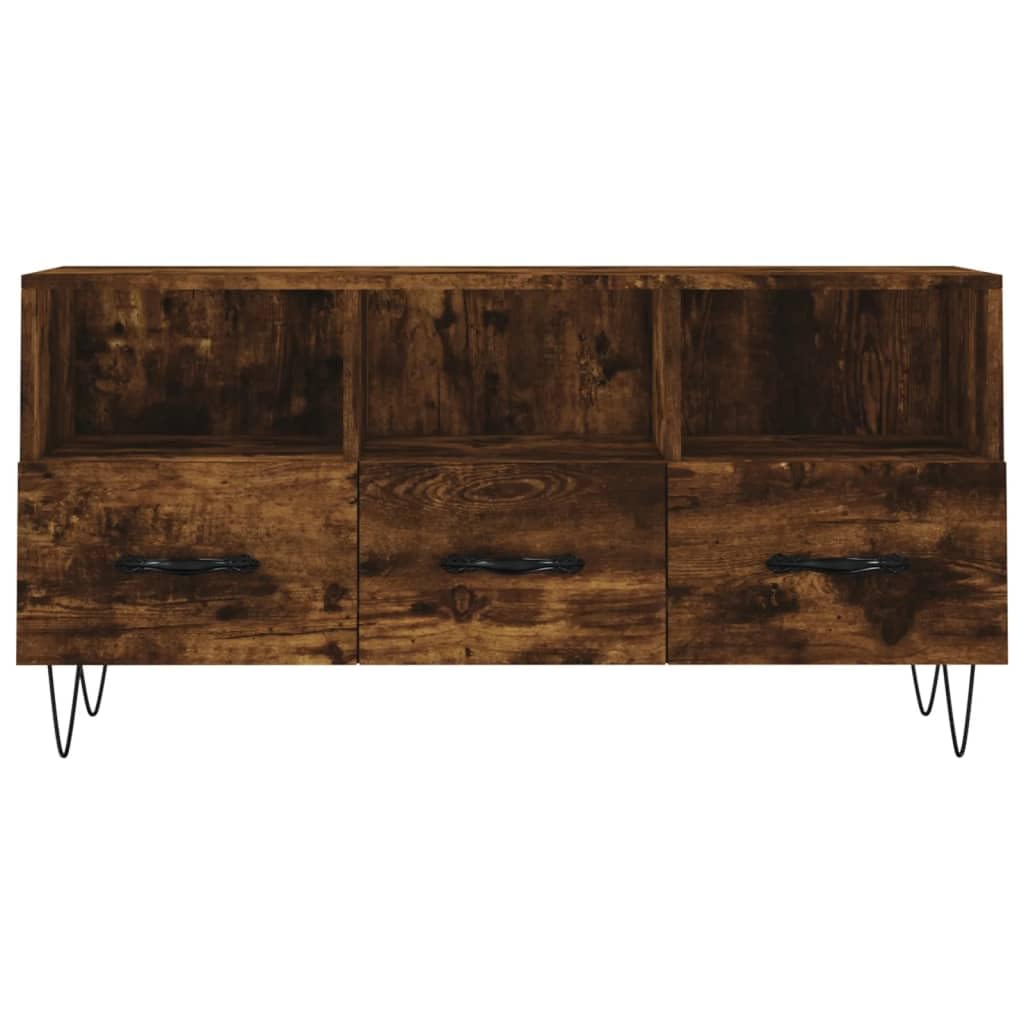 Szafka pod telewizor dąb wędzony 102 x 36 x 50 cm, materiał drewnopochodny, wytrzymała szafka na media z 3 półkami i 3 szufladami, nowoczesne centrum rozrywki do salonu, sypialni, żelazne nogi