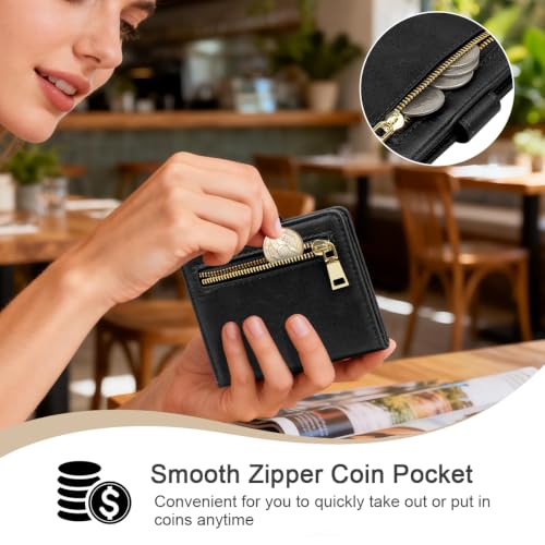 Image of Small Wallets for Women Slim Minimalist Bifold Credit Card Holder | Compact Zipper Coin Purse for Ladies RFID Blocking Mini Travel PU Leather Card Case Gifts for Mom, Matte Black