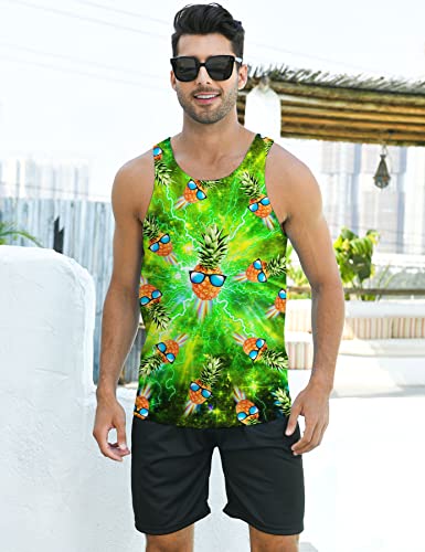 Mens Beach Tank Tops Funny Pineapple Lightning Holiday Shirt Sleeveless Tropical Vacation Party Vest Green #TOP12