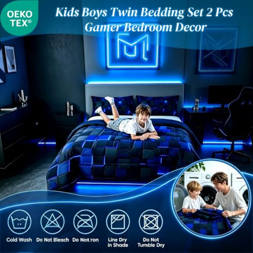 Image of Erosebridal Black Navy Royal Blue Comforter Set Twin Neon Geometric Checkered Bedding Set for Teen Boys Gamer Room Decor,Abstract Stereoscopic Grids Quilt Square Plaid Check Bed Set 2 Pcs