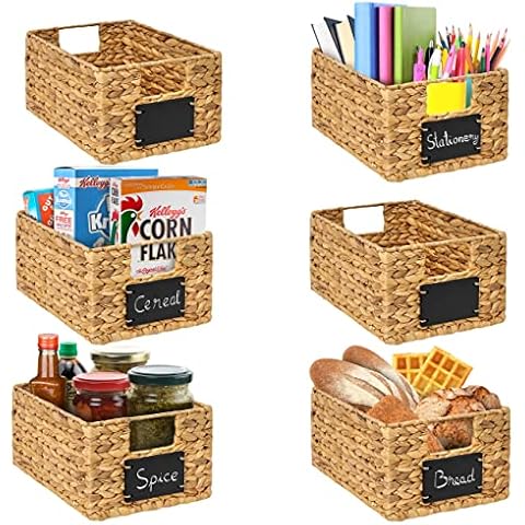 BARIEN 6 Pcs 12" x 9" x 6" Natural Water Hyacinth Woven Storage Baskets, Rectangular Wicker Basket with Built-in Handles, Woven Cube Storage Bin with Chalkboard Label Chalk Marker (Natural - Set of 6) Cover