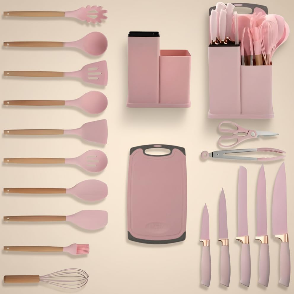 Miniatura 9 de Juego de utensilios de cocina rosa de 19 piezas, utensilios de cocina de silicona, juego de espátulas no tóxicas, herramientas de cocina, tabla de