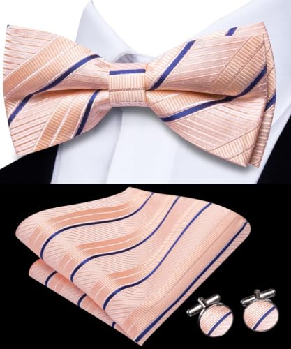 Image of Dubulle Mens Paisley Striped Bowtie Set Pre-tied Bowtie for Men and Pocket Square Set Wedding Business
