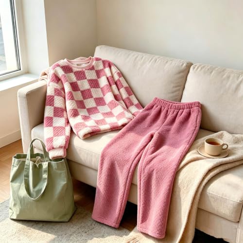 Flannel Pajamas for Women 2 Piece Plaid Crewneck Top Wide Leg Home Pants - image 5