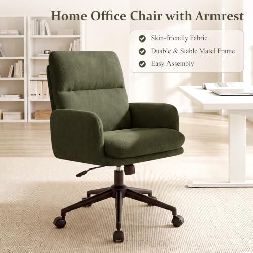 Image of Comfortable Ergonomic Office Chair, Upholstered Desk Chair with Double-Layer Cushioning, Adjustable Height Swivel Task Chair with Padded Armrests, Rolling Wheels and Metal Base, Green