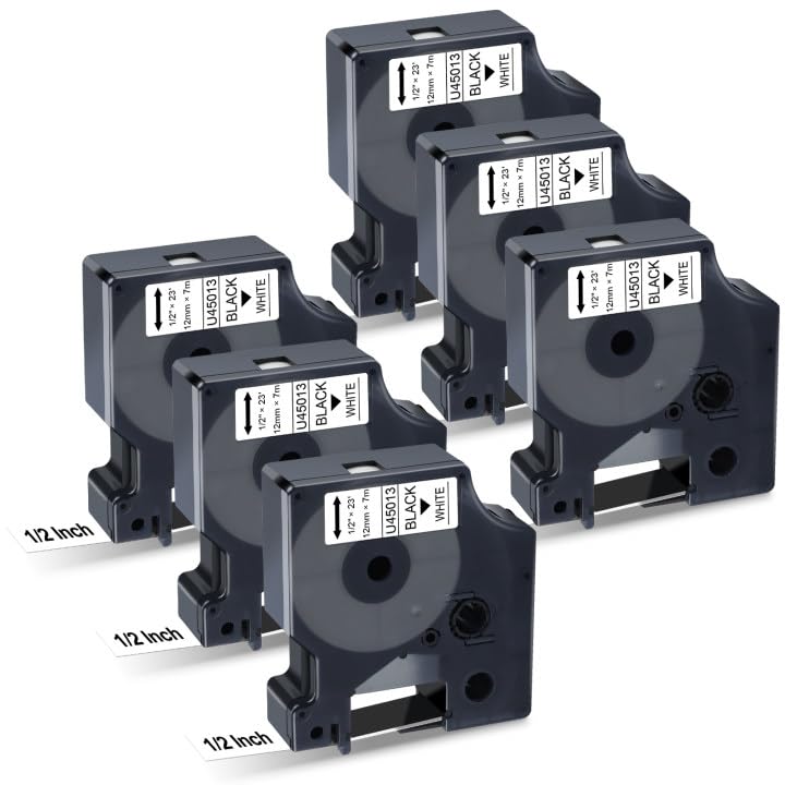 6X Replace for Dymo D1 Label Tape 45013 for Dymo Label Maker Refills D1 A45013 S0720530, Work with DYMO LabelManager 160 280 360D 420P 210D PnP Label Maker Tape, 1/2 Inch x 23 Feet, Black on White