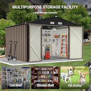 Outdoor Storage Shed, 10 x 12 FT Metal Storage Shed, Heavy Duty Steel Metal Sheds with Lockable Door & Shutter Vents, Compact Bike Shed for Garden,Garbage Can,Tool Storage, Chicken Coop(Brown) Outdoor Storage Shed 10 x 12 FT Metal Storage Shed Heavy Duty Steel Metal Sheds with Lockable Door Shutter Vents Compact Bike Shed for GardenGarbage CanTool Storage Chicken CoopBrown