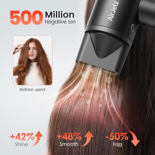 Image of Hair Dryer, 160,000 RPM High-Speed Ionic Blow Dryer for Fast Drying, Professional Lightweight Hairdryer with Diffuser, Magnetic Nozzle, 4 Temps & 2 Speeds, Low Noise for Travel - Black