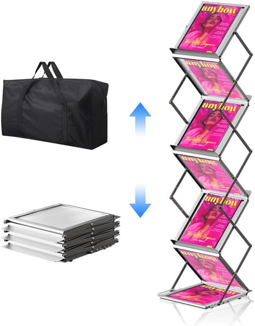 Foldable Aluminum Magazine Holder, 6 Pockets Brochure Display Stand, Portable Literature Display Stand with Carrying Bag, Floor Magazine Rack for Trade Show, Office, Retail Store, Hotel, Exhibition