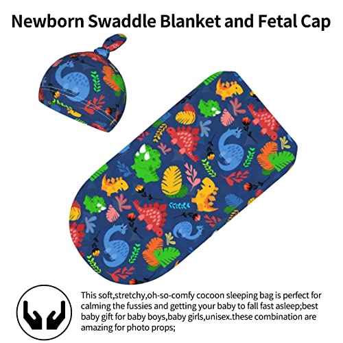 Image of Cartoon Dinosaur Newborn Swaddle Blankets with Hat Sets Newborn Receiving Blanket for Boy Girl Swaddle Sack Shower Infant Gift