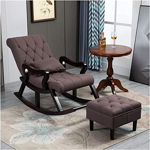Image of CRAFTCITY Tufted Rocking Chair and Ottoman Set, Upholstered with Walnut Wood Frame, Traditional Style (Brown)