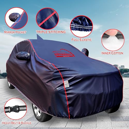 Image of 100% All Weather Car Body Cover Compatible with Kia Sonet Waterproof, Uv & Dust Protection | with Mirror & Antenna Pockets, Elastic Bottom, Piping Style - Blue