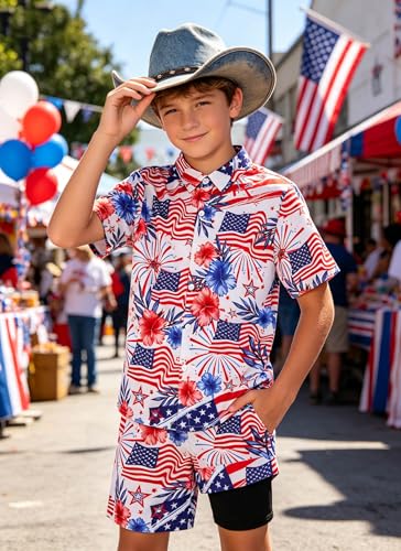 Image of UNICOMIDEA Boys 4th of July Outfits Kids Patriotic Independence Day Tropical Short Sets for 5-12 Years
