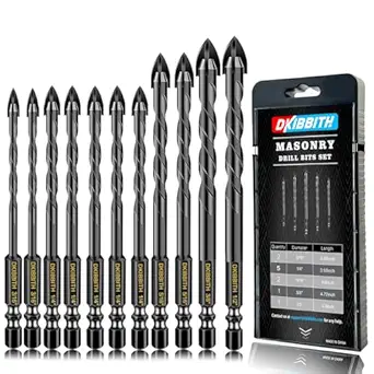 11-pc Carbide Masonry Concrete Drill Bit Set for Stone Tile Brick Ceramic Glass Metal Sheet Plastic Wood, Quick Change 1/4" Hex Shank, Size 3/16" 1/4" 5/16" 3/8" 1/2" with Storage Case