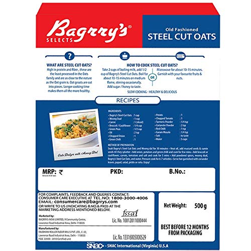 Image of Bagrry's Steel Cut Oats | High in Dietary Fibre & Protein |Helps in Weight Management & Reducing Cholesterol | Old Faishoned Oats| Breakfast Cereal, 500g Box (Pack of 2)