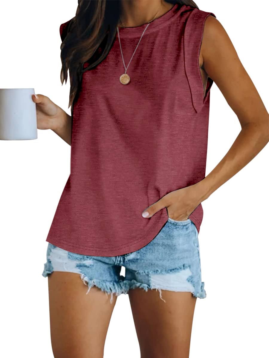 Fazortev Women's Wine Red Summer Sleeveless Tank Top Loose Fit Casual Crew Neck T Shirts Basic Tee Tops, Medium