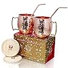 Pure Copper Barrel Hammered Mugs Set of 2 with Copper Straws and Wooden Coasters Gift Pack