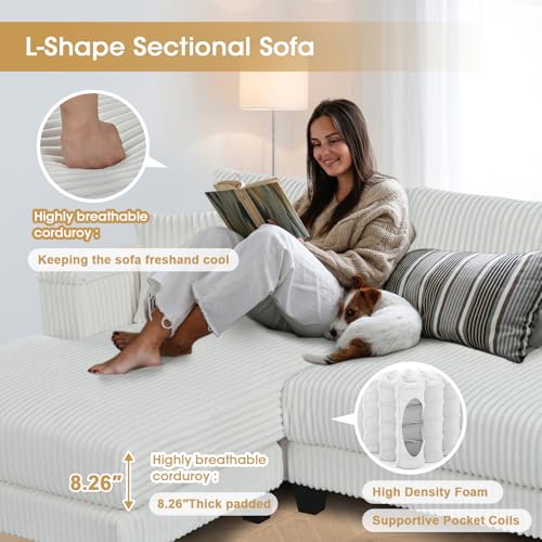 Image of 114.5 inch Corduroy Couch Sectional with Reversible Chaise with 2 Pillows Oversized Couch L Shaped Sofa with Two Armrests Hidden Storage Space Sectional Couches for Living Room White