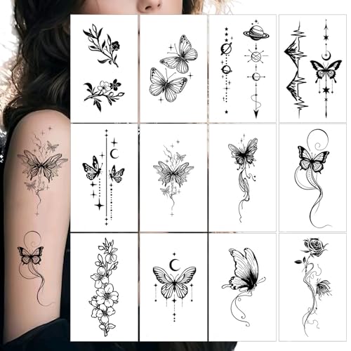 Black Butterfly Temporary Tattoos 12 Sheets Floral and Celestial ...