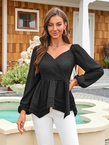 Angashion Women Tops Long Sleeve V Neck Peplum Blouse Dressy Casual Flowy Ruffle Babydoll Shirts2