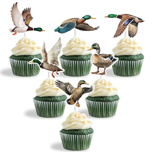 36pcs Mallard Duck Cupcake Toppers One Lucky Duck Birthday Party Decoration for Duck Baby Shower Bday Supplies
