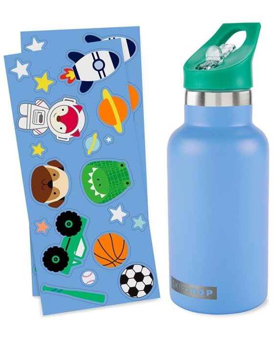 Skip Hop Botella de acero inoxidable para niños con calcomanías, pajita, 364.3 g, azul